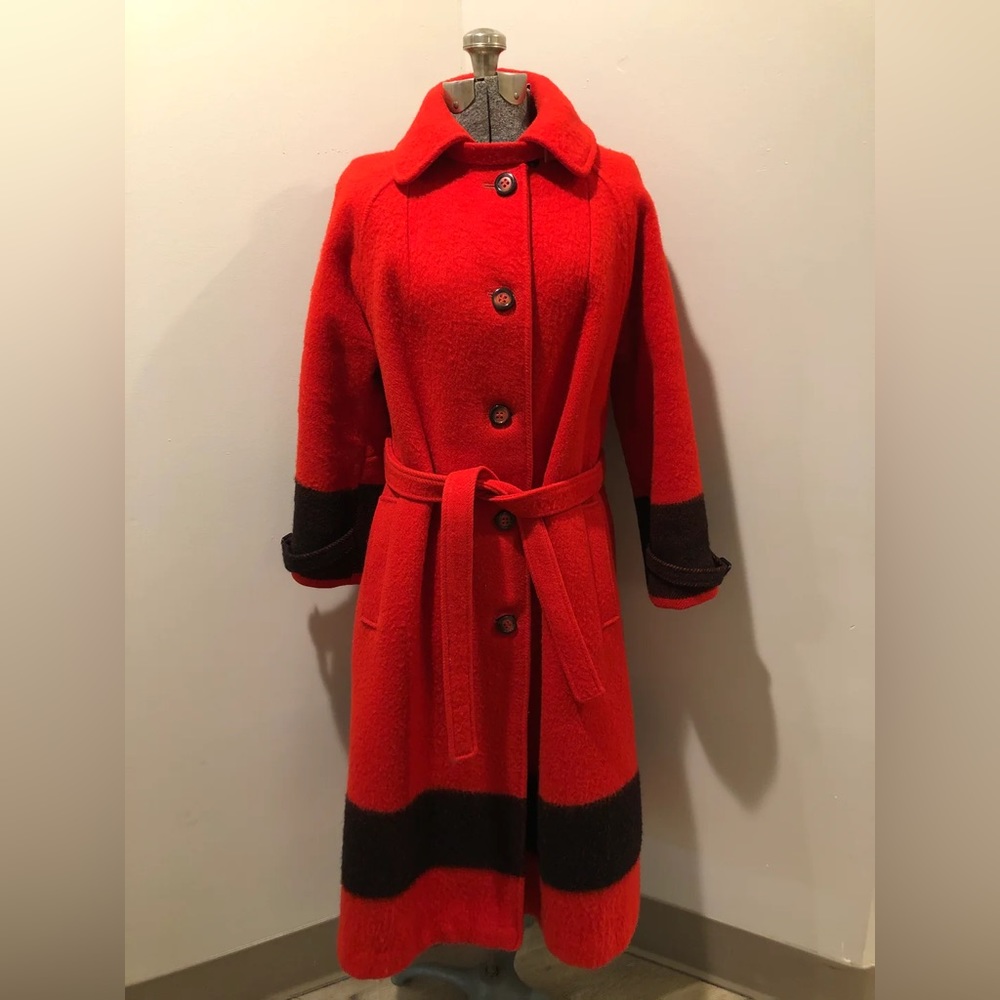 Floor Length Vintage Red Hudson’s Bay Wool Trench Coat